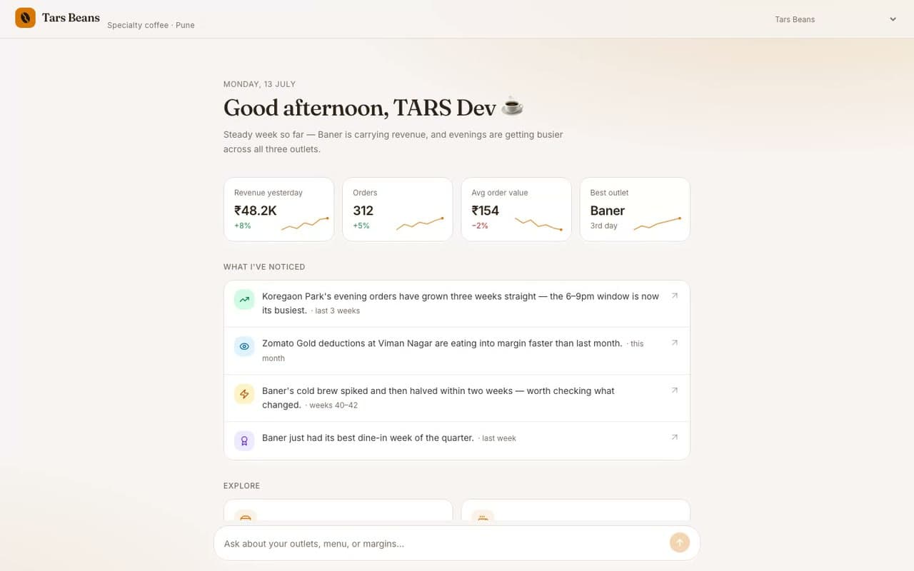 TARS answering an operator's question about how cold brew is trending across their outlets.