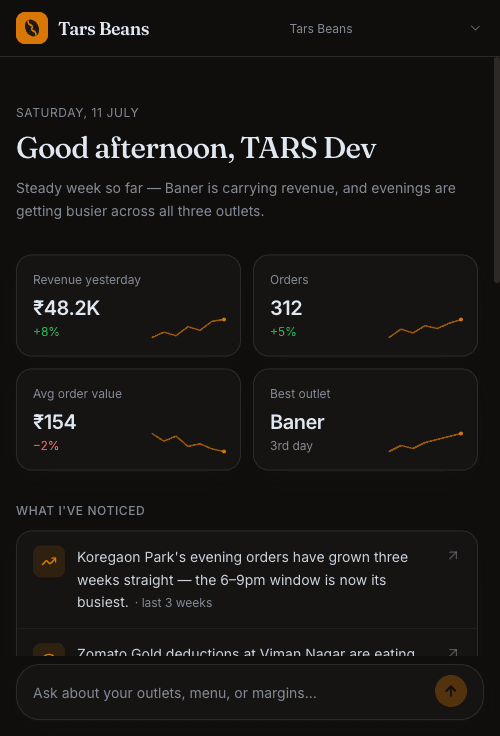 A briefing screen opening with yesterday’s revenue, orders, average order value and best outlet, followed by what TARS noticed overnight.