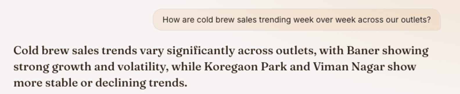 An operator asks how cold brew sales are trending week over week across their outlets; TARS answers that trends vary significantly, with Baner showing strong growth and volatility while Koregaon Park and Viman Nagar are stable or declining.
