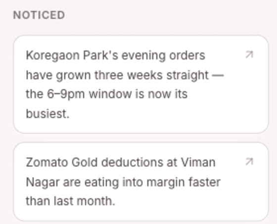 TARS flags that Koregaon Park's evening orders have grown three weeks straight and the 6 to 9pm window is now its busiest, and that Zomato Gold deductions at Viman Nagar are eating into margin faster than last month.